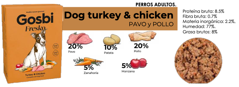 FRESKO  Dog turkey & chicken 375 g. Paq. de 3 Pzas. - GOSBI