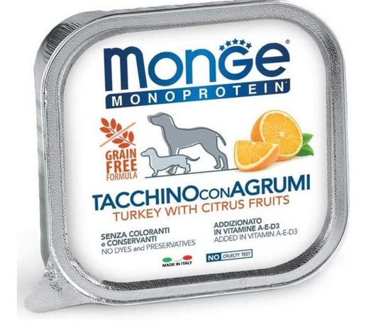 Monge Alimento para Perro, Pavo con citricos Grain Free, 4 latas de 150 gr